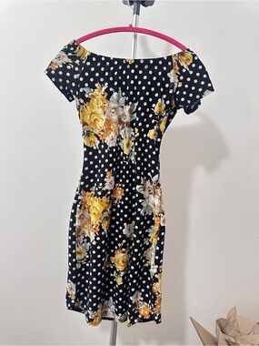 Black Polka Dot Midi Dress with Yellow Floral Accents